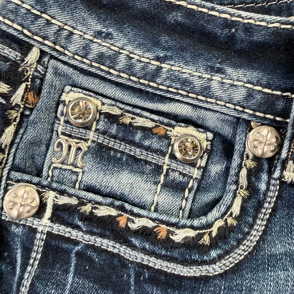 Miss Me Mid Rise Bootcut Jeans Dark Wash Embroidered Sequin Size 25x34 NEW